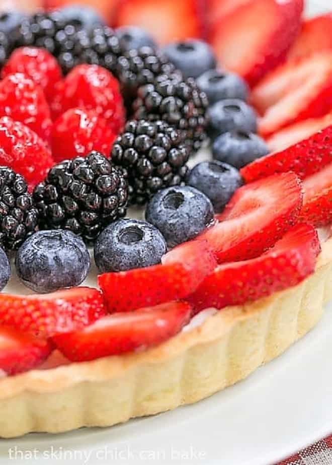 Close up shot of the fruit on this Summer Fruit Tart.