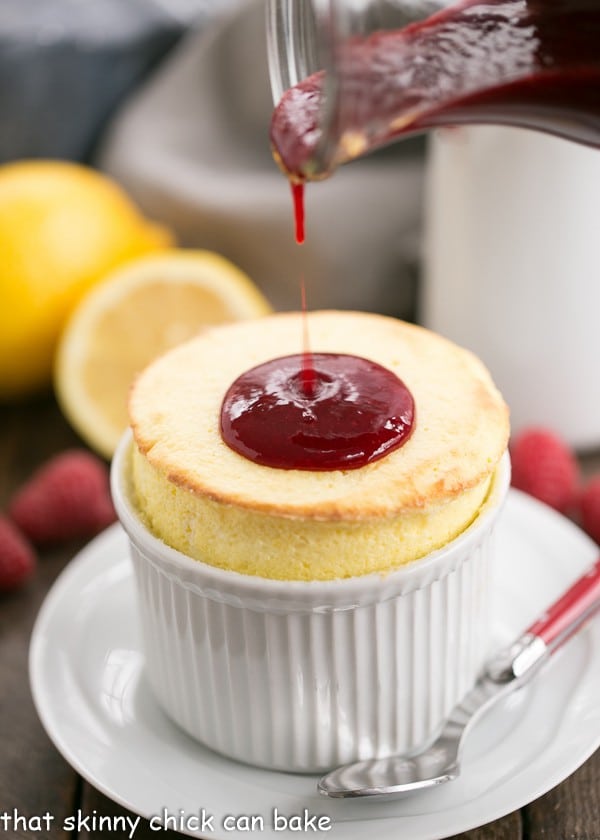 Raspberry Topped Lemon Soufflés - That Skinny Chick Can Bake