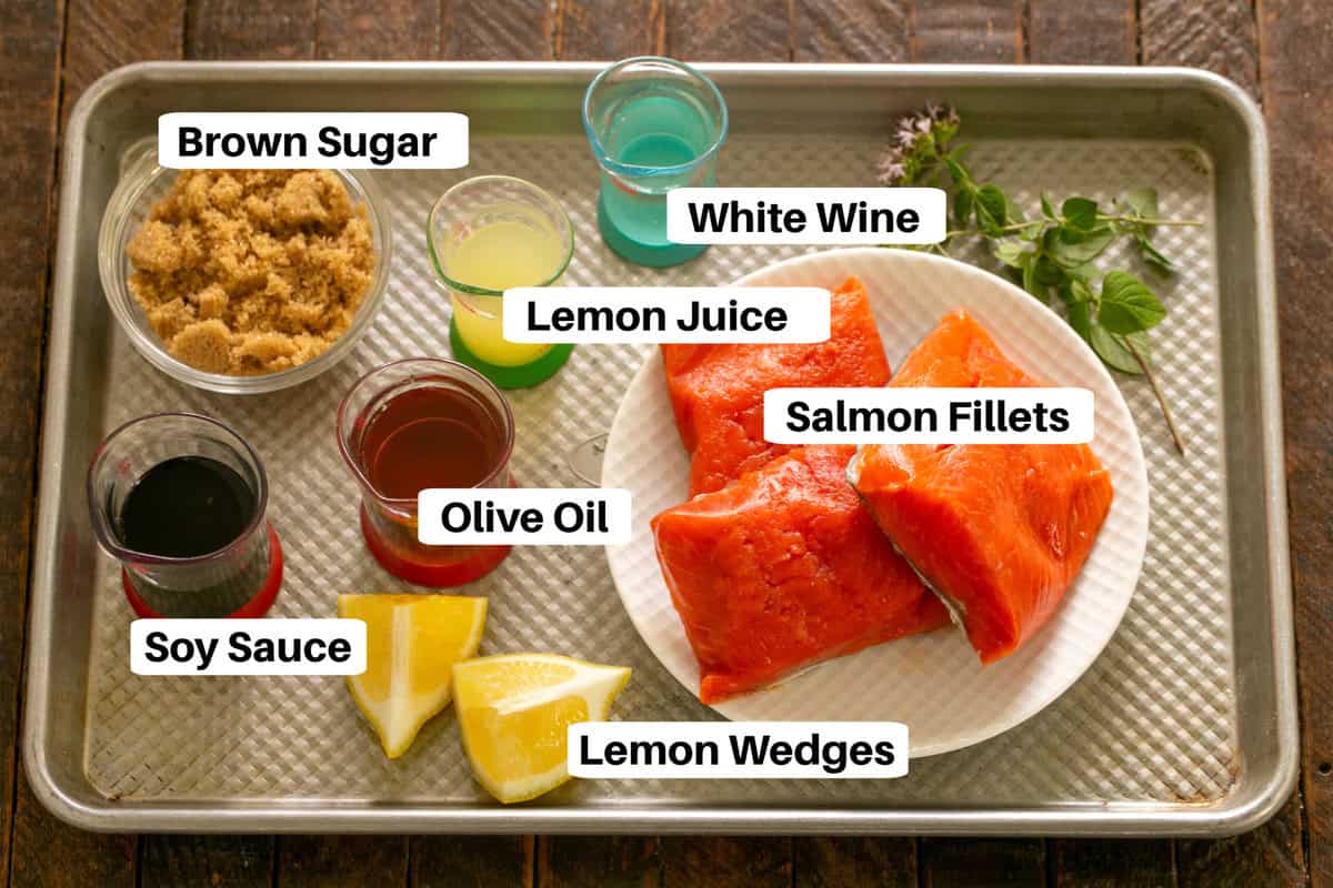 Easy Glazed Salmon Ingredients on a sheet pan with labels.