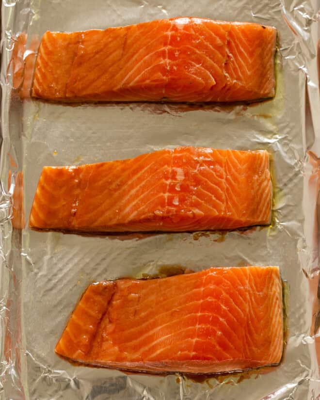 marinated salmon ready for the oven or grill.