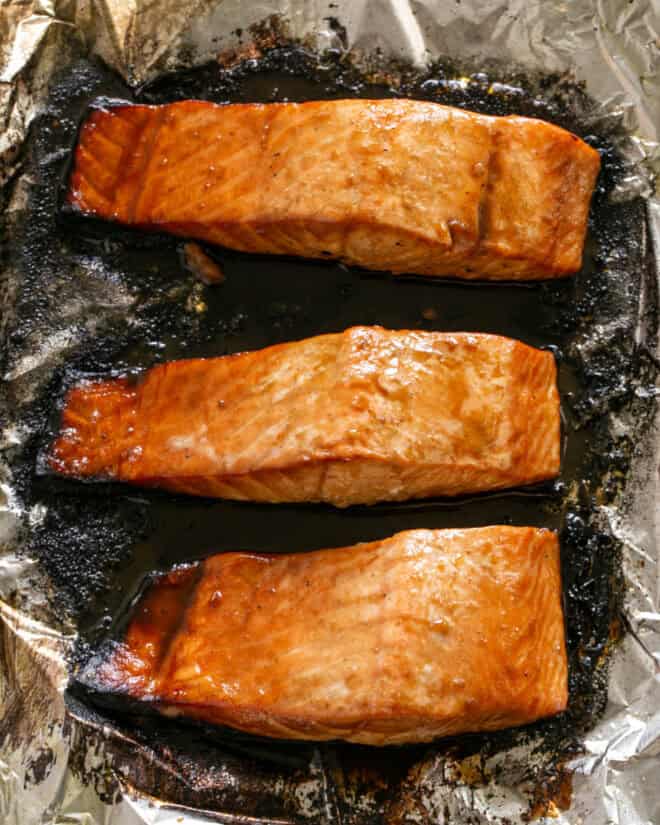 Broiled salmon ready to plate.