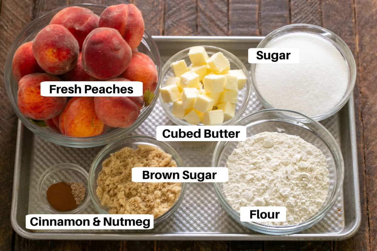 Peach Crisp Ingredients with labels on a metal sheetpan.