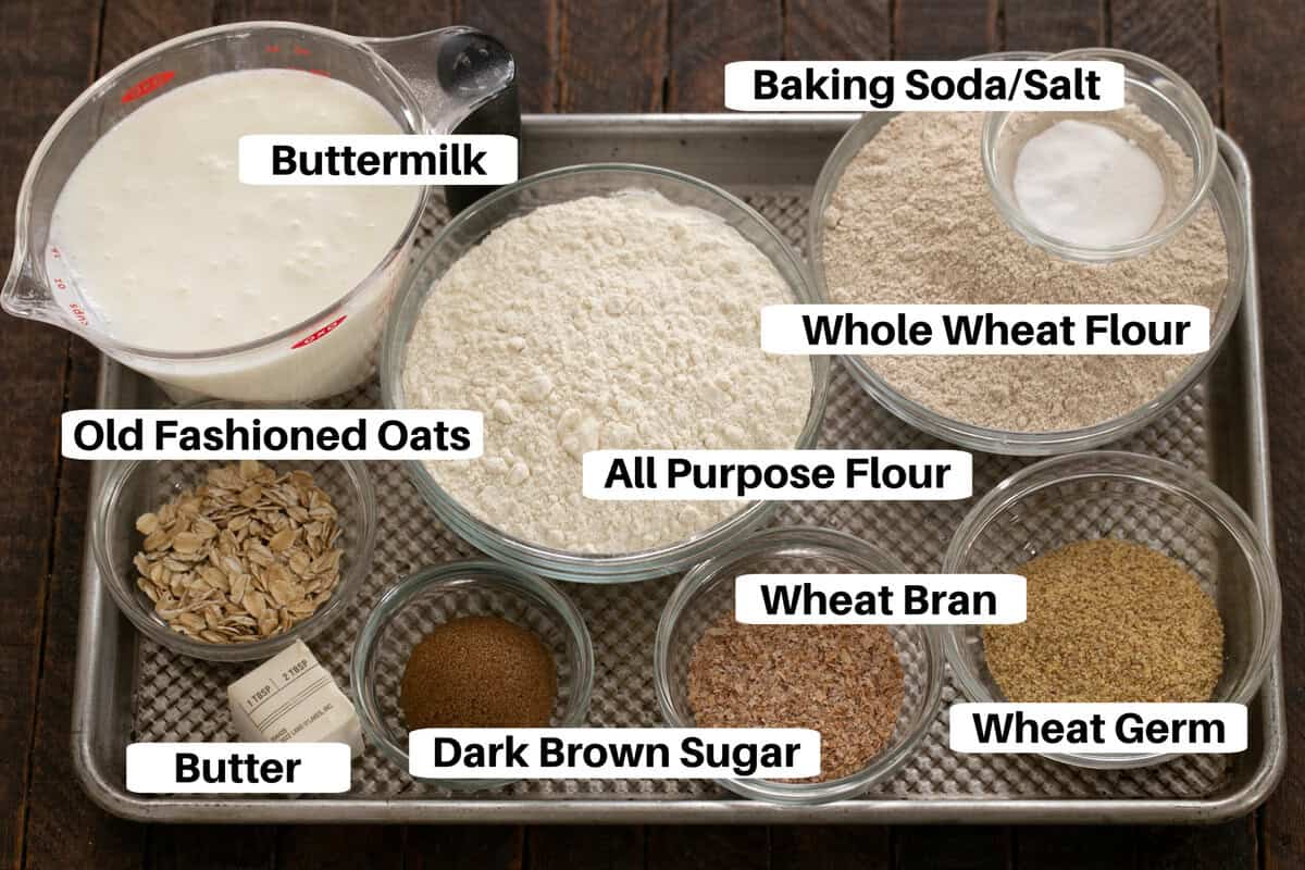 Irish Brown Bread Ingredients on a sheetpan with labels.