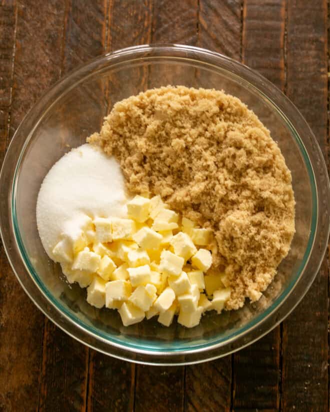 Sugars and butter in mixing bowl