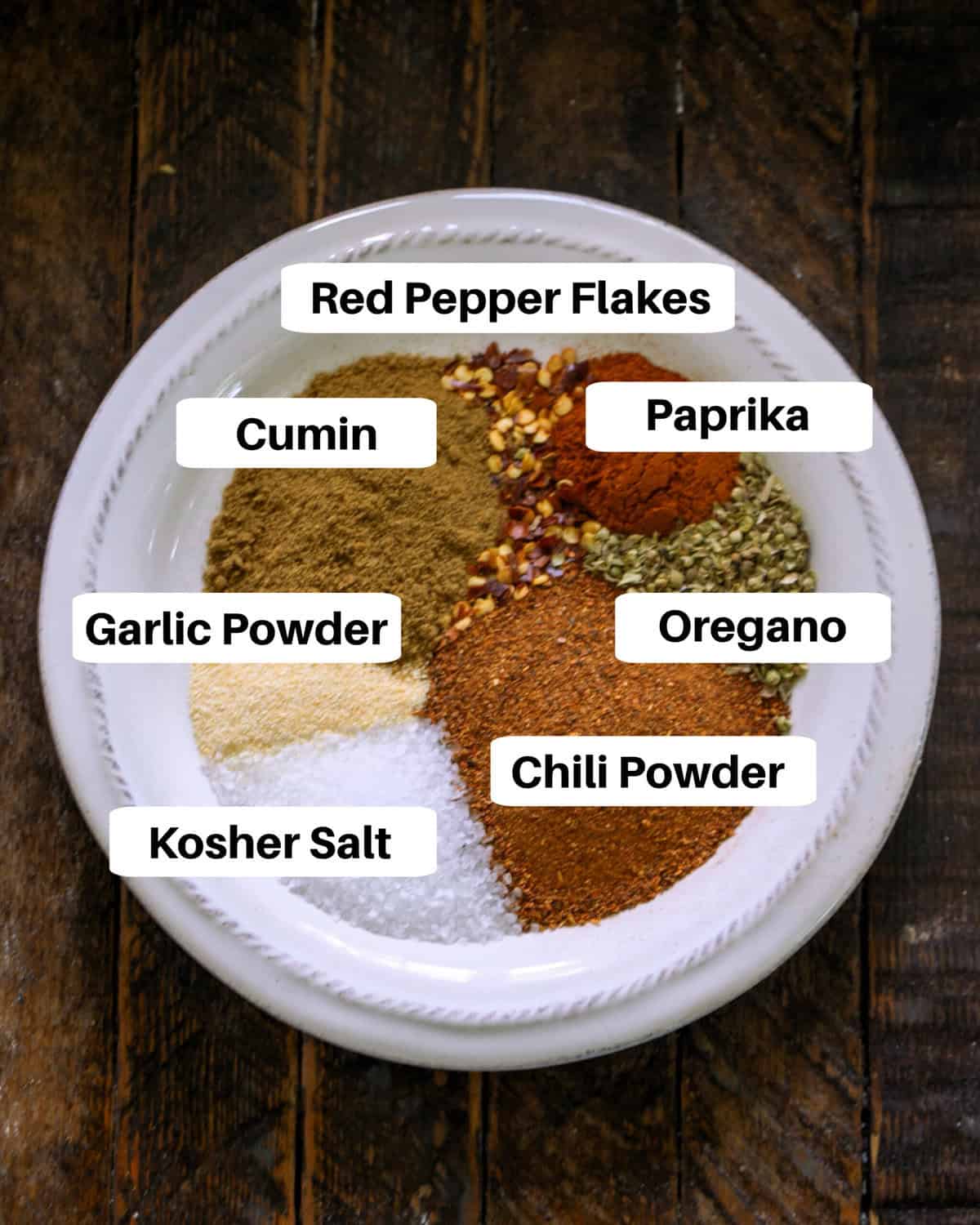 Taco Seasoning Ingredients on a white plate with labels.