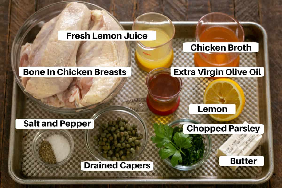 Grilled Chicken Piccata Ingredients with labels on a metal sheet pan.