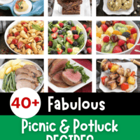 Picnic and Pot Luck Recipes collage with 9 photos above a text box.