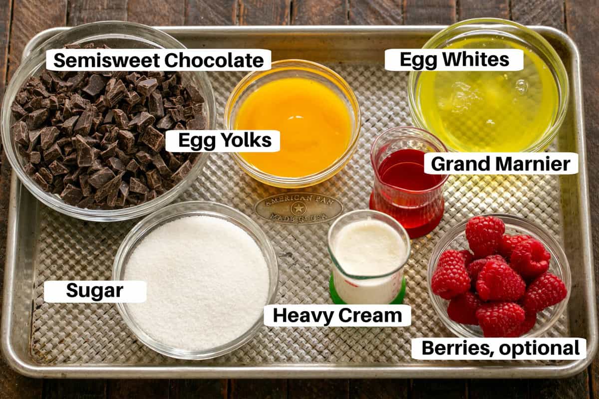 Chocolate Mousse ingredients with labels on a metal sheet pan.