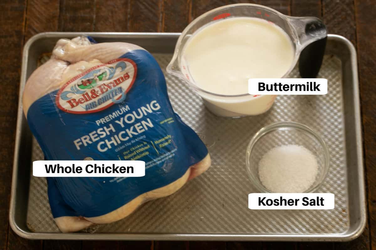 Buttermilk Chicken Ingredients with labels on a metal sheetpan.